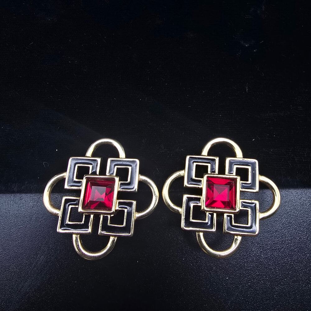 SAL Swarovski Red Black Geometric Clip On Earrings Art Deco